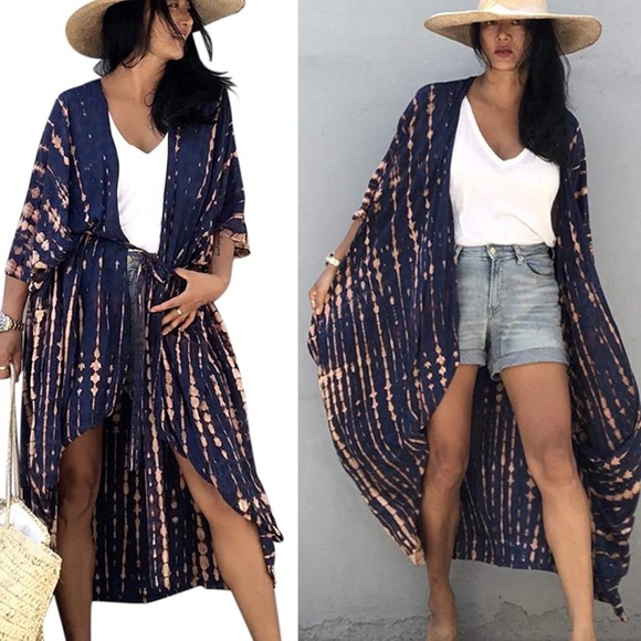 Blue & Peach Long Wrap Dress Kimono - Picture 2 of 11